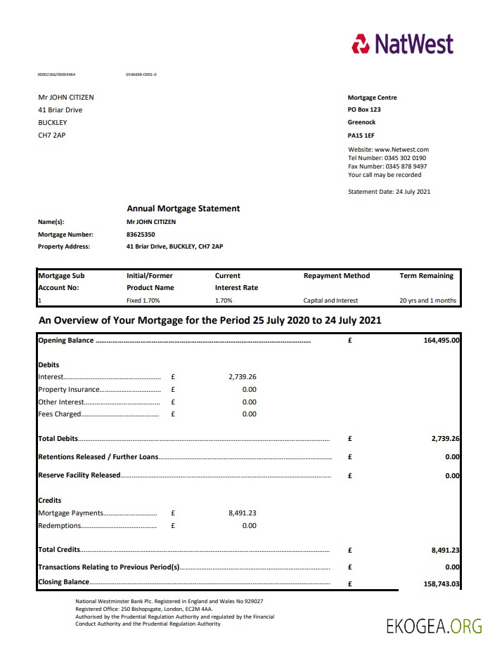 Modèle de relevé bancaire NatWest du Royaume Uni au format de fichier .xls et .pdf